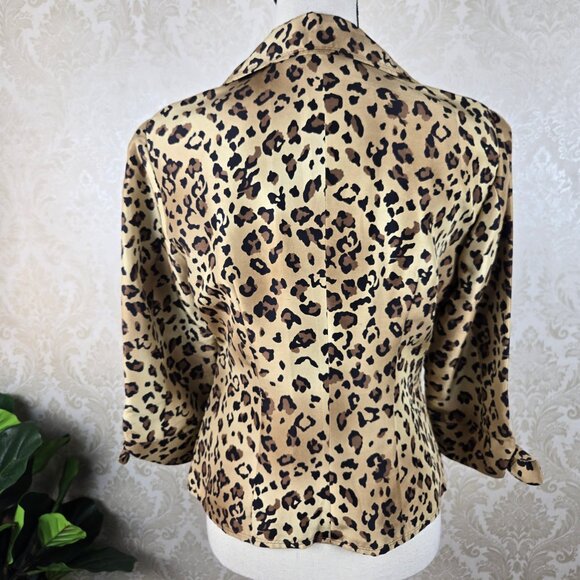 Allison Taylor Size 6 100% Silk Leopard Print Blazer ¾ Sleeve Ties at Cuffs - Picture 9 of 12